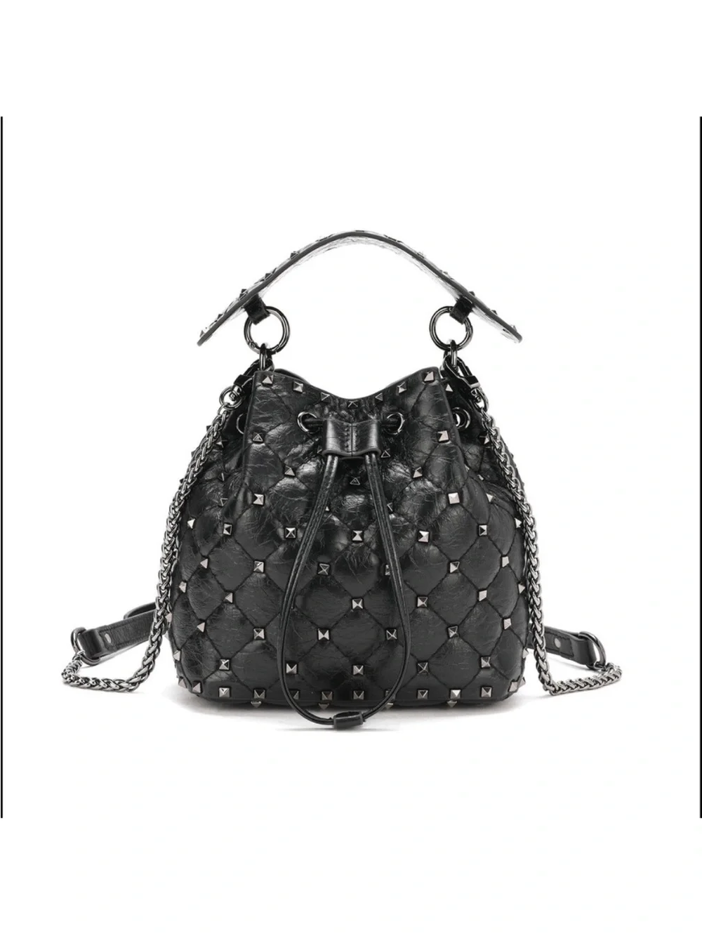 Studded Quilted Drawstring Bucket Bag - Black Genuine leather